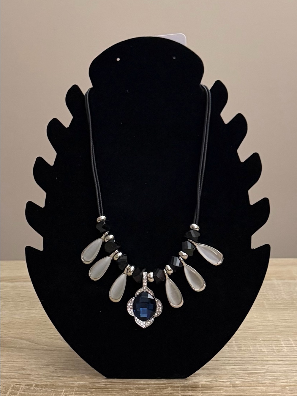 Black Beaded Statement Necklace w/ Blue Crystal Pendant